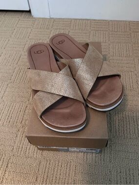 UGG Metallic Taupe Crisscross Slide Sandals